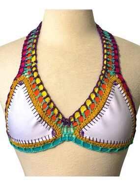 Luxsea Crochet-Trim White Halter Bikini Top with Multicolor Accents